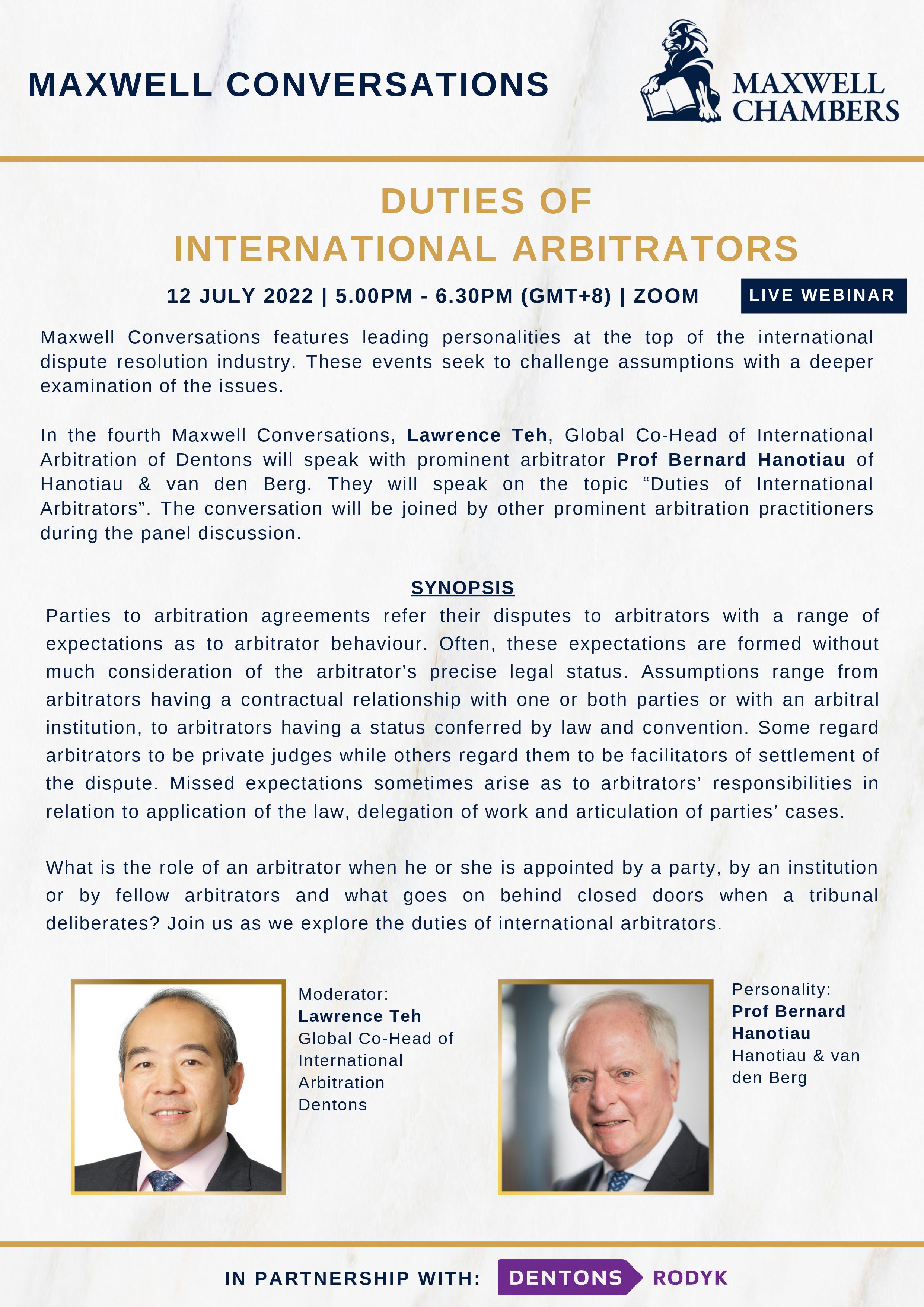 [Supporting Event] Maxwell Conversations: Duties of International Arbitrators